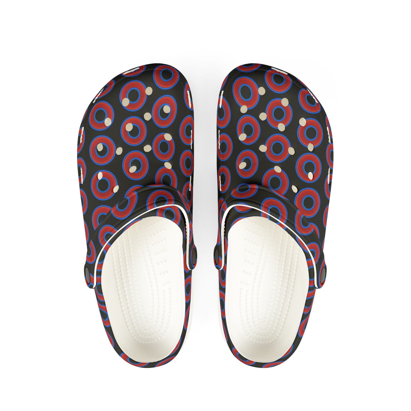 Spatchcocks - donut slip-on shoes - red rustic donuts w/black background [unisex]