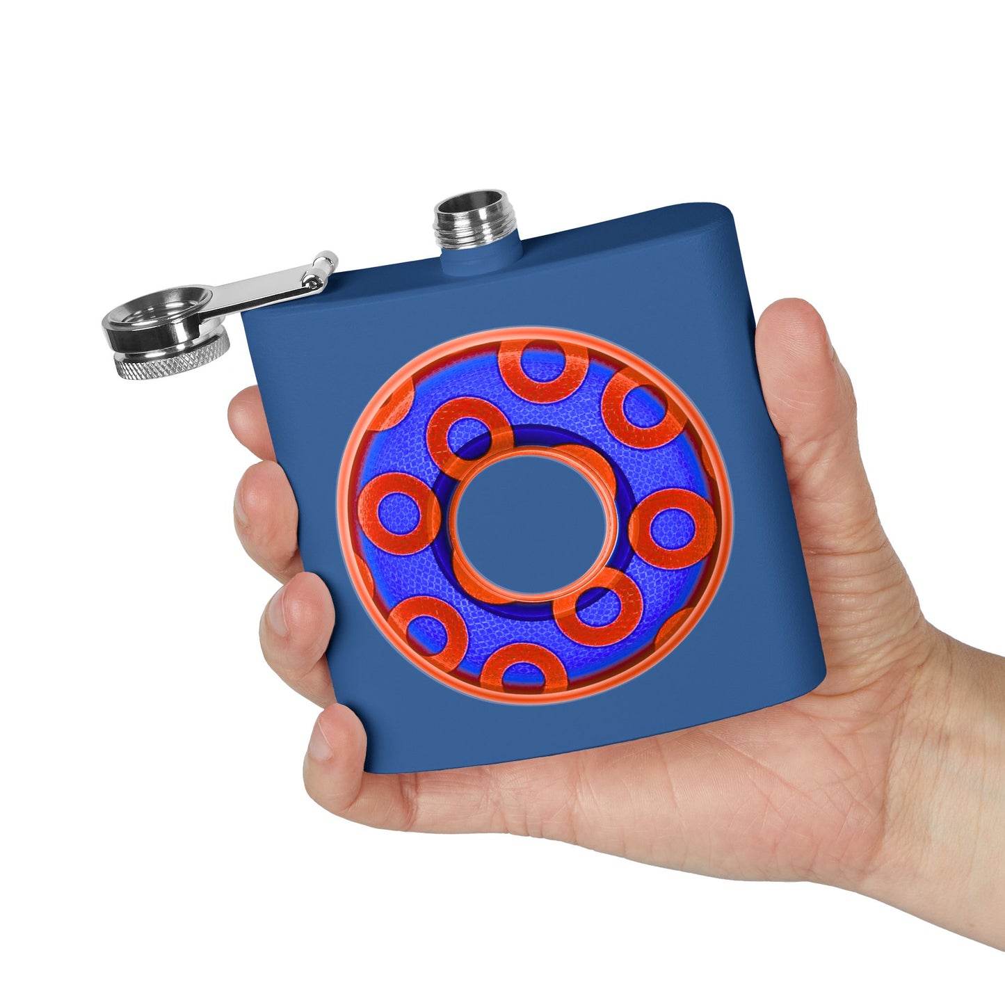 Lump's Donut Flask 6 oz -  Red/Blue Rustic Paradox Donut - [*w/your choice of 5 backgrounds]
