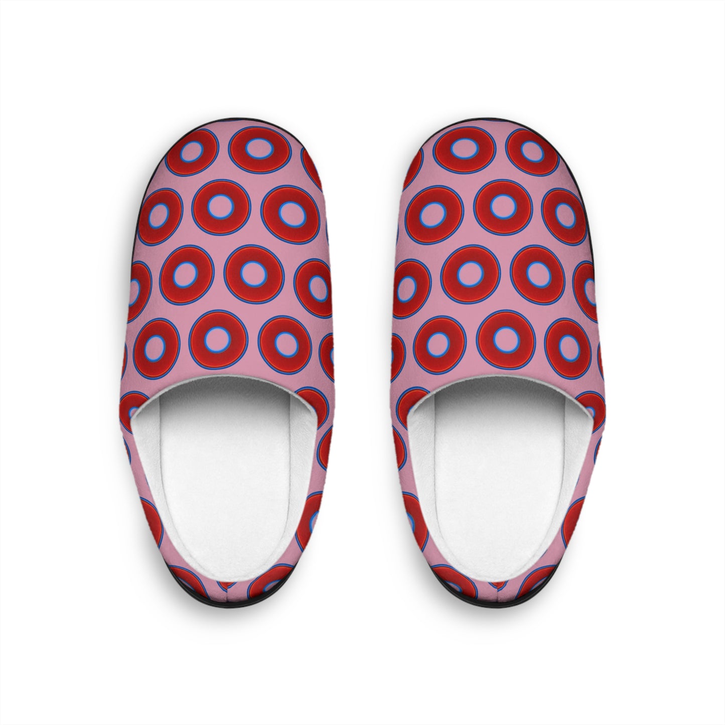 Men's Lumpy Slippers - red vivid donut print w/pale magenta background