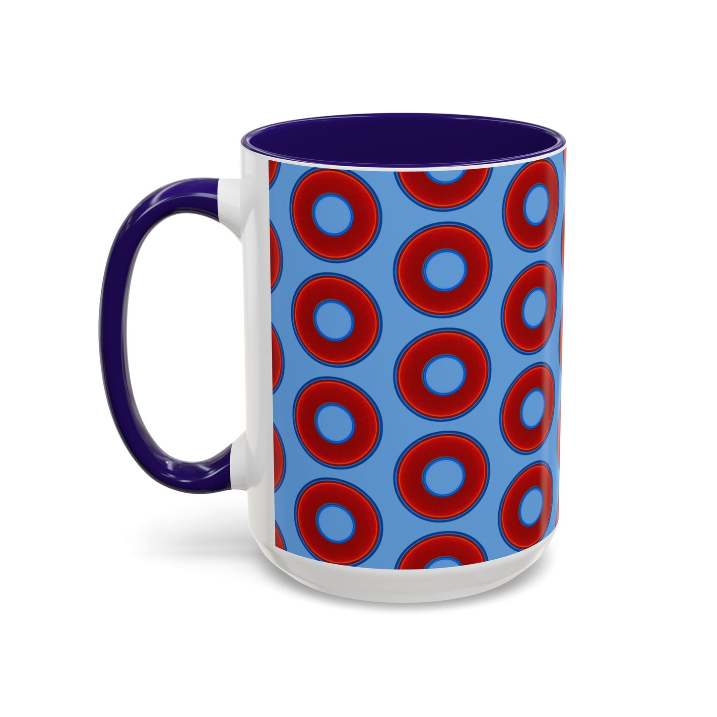 Lump's Grumpy Coffee Mug - vivid red donuts w/light blue background