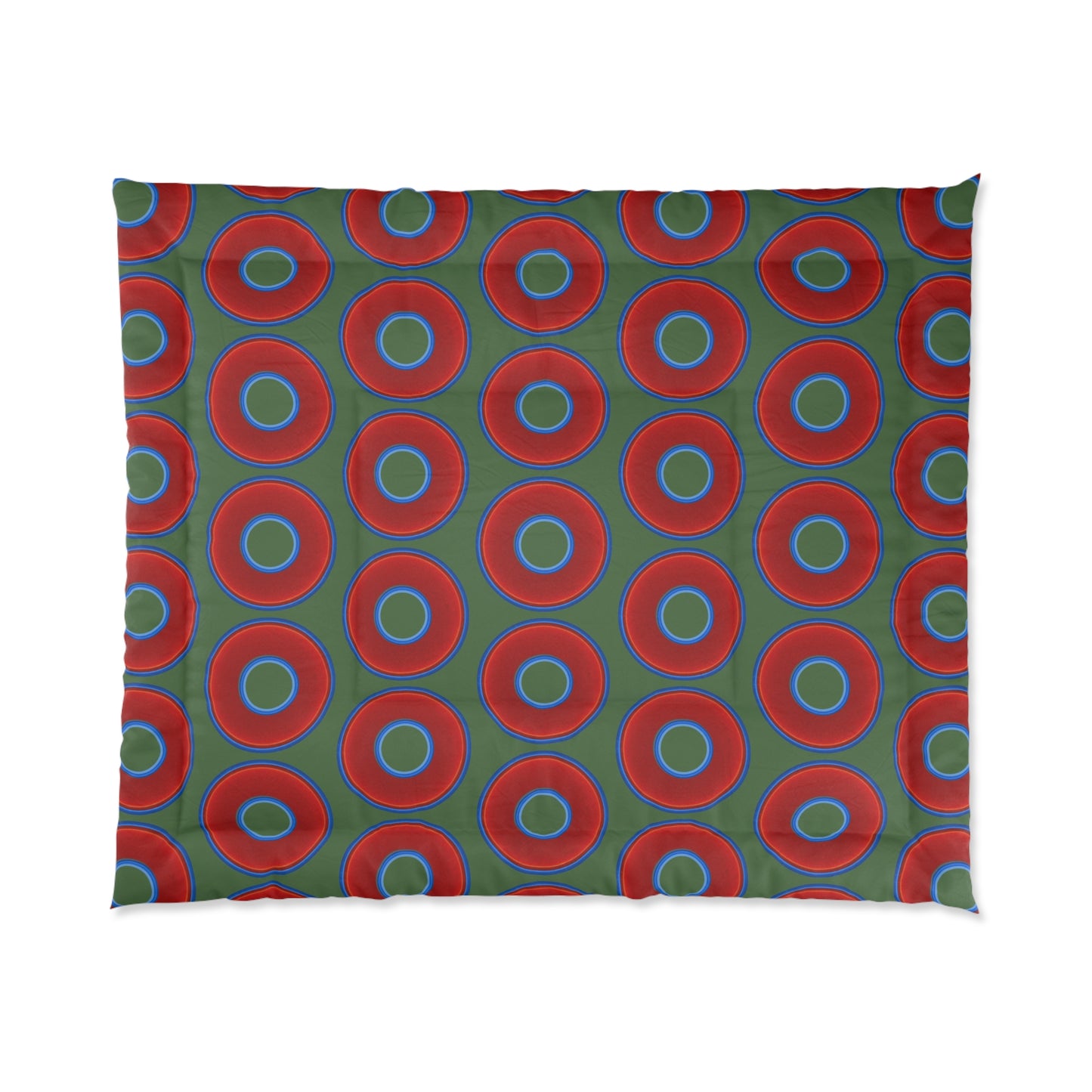 The Very Lumpy Comforter - vivid red donuts w/dark green background