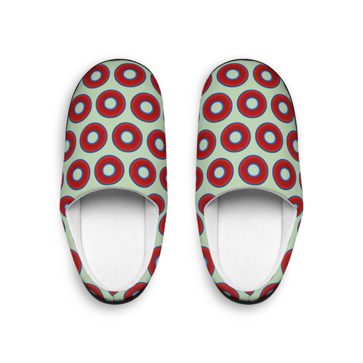 Men's Lumpy Slippers - red vivid donut print w/seafoam background
