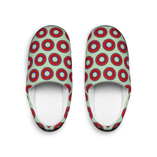 Men's Lumpy Slippers - red vivid donut print w/seafoam background