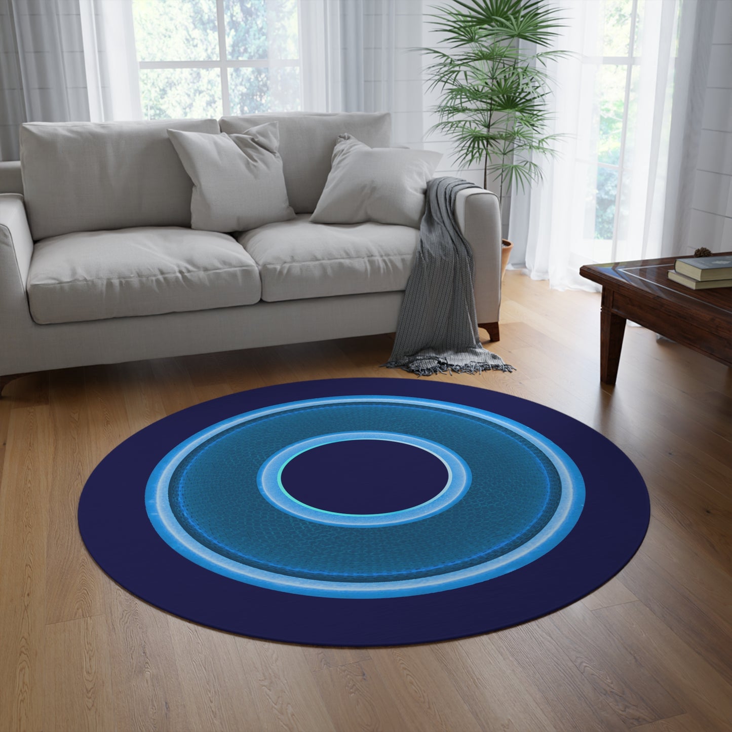 Round Room - 5 ft x 5 ft Lumpy Donut Rug - "Plain Donut" - rustic blue/light blue donut w/navy background