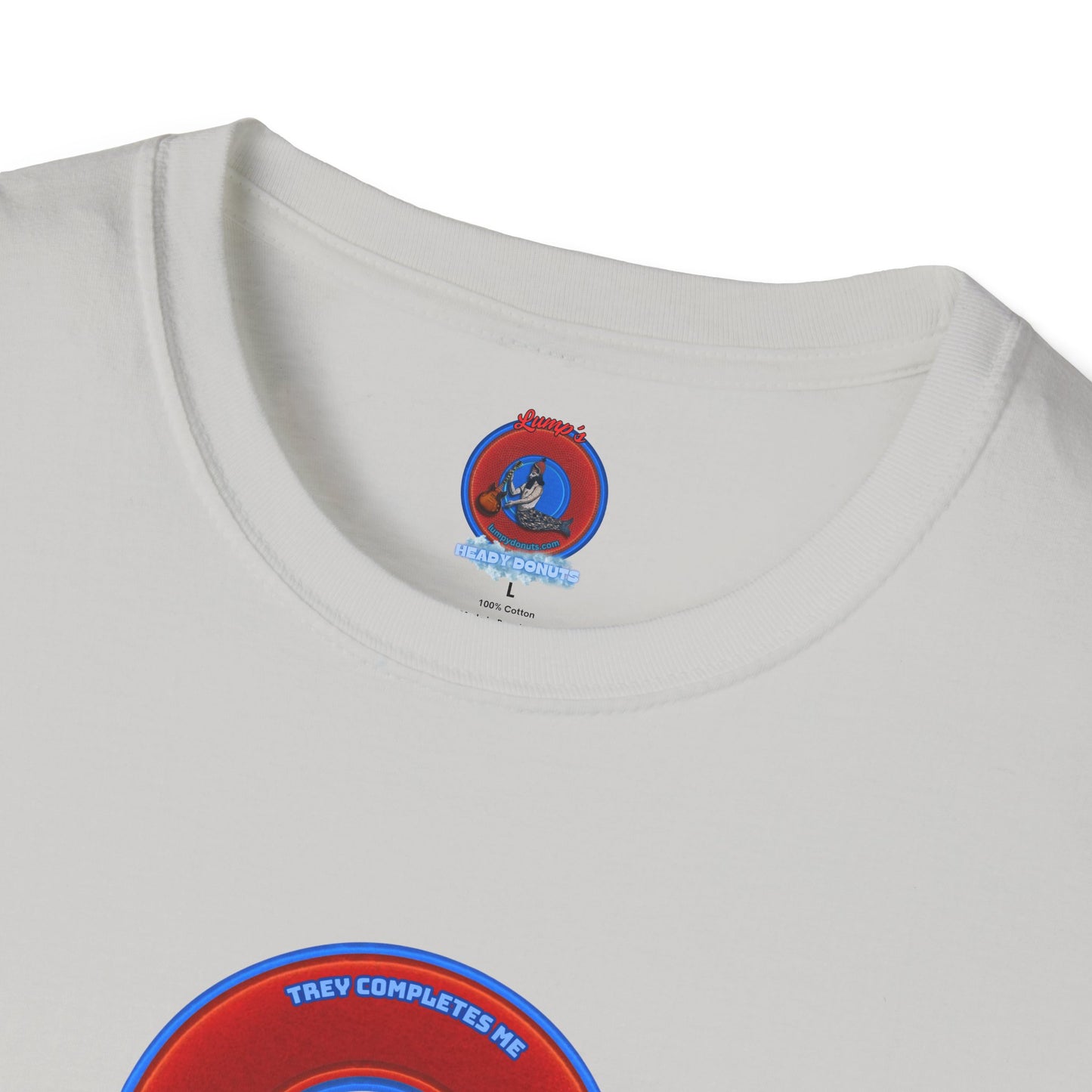 Classic Donut Tee - Unisex Soft-Style - "Trey's Completed Donut" - vivid red/blue donut