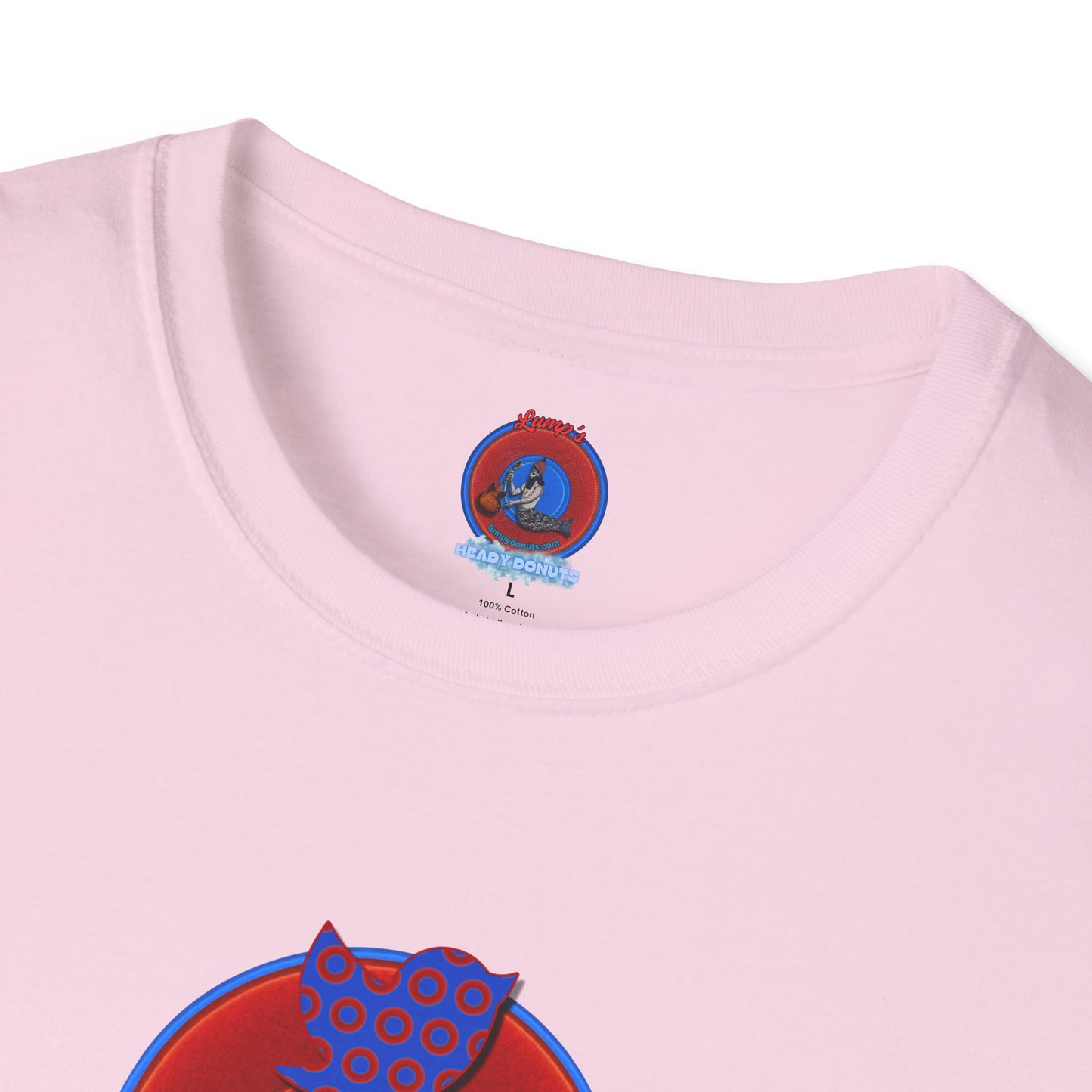 Classic Donut Tee - Unisex Soft-Style - "Phamous Mocking Donut" - vivid red/blue donut