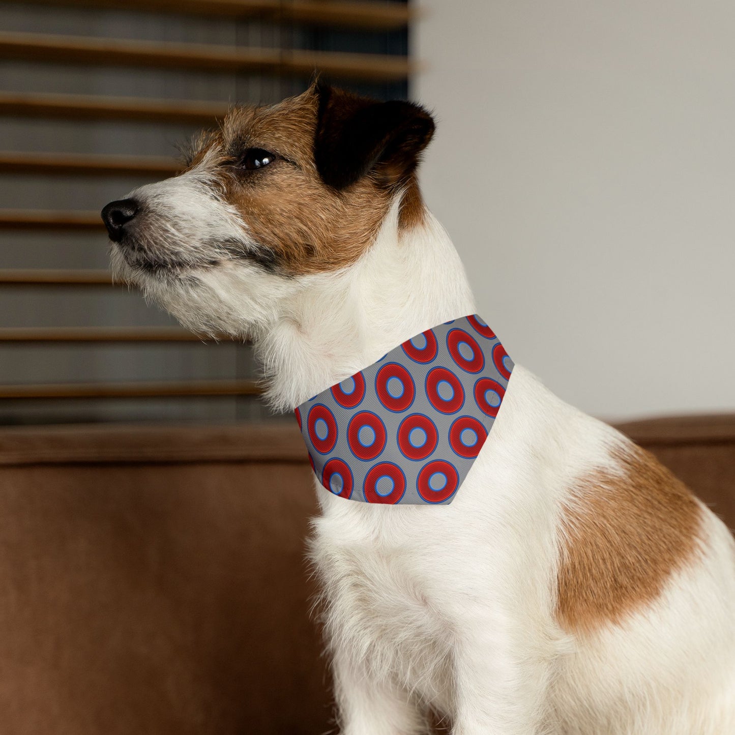 Jim's Lumpy Bandana Pet Collar - vivid red donuts w/gray background