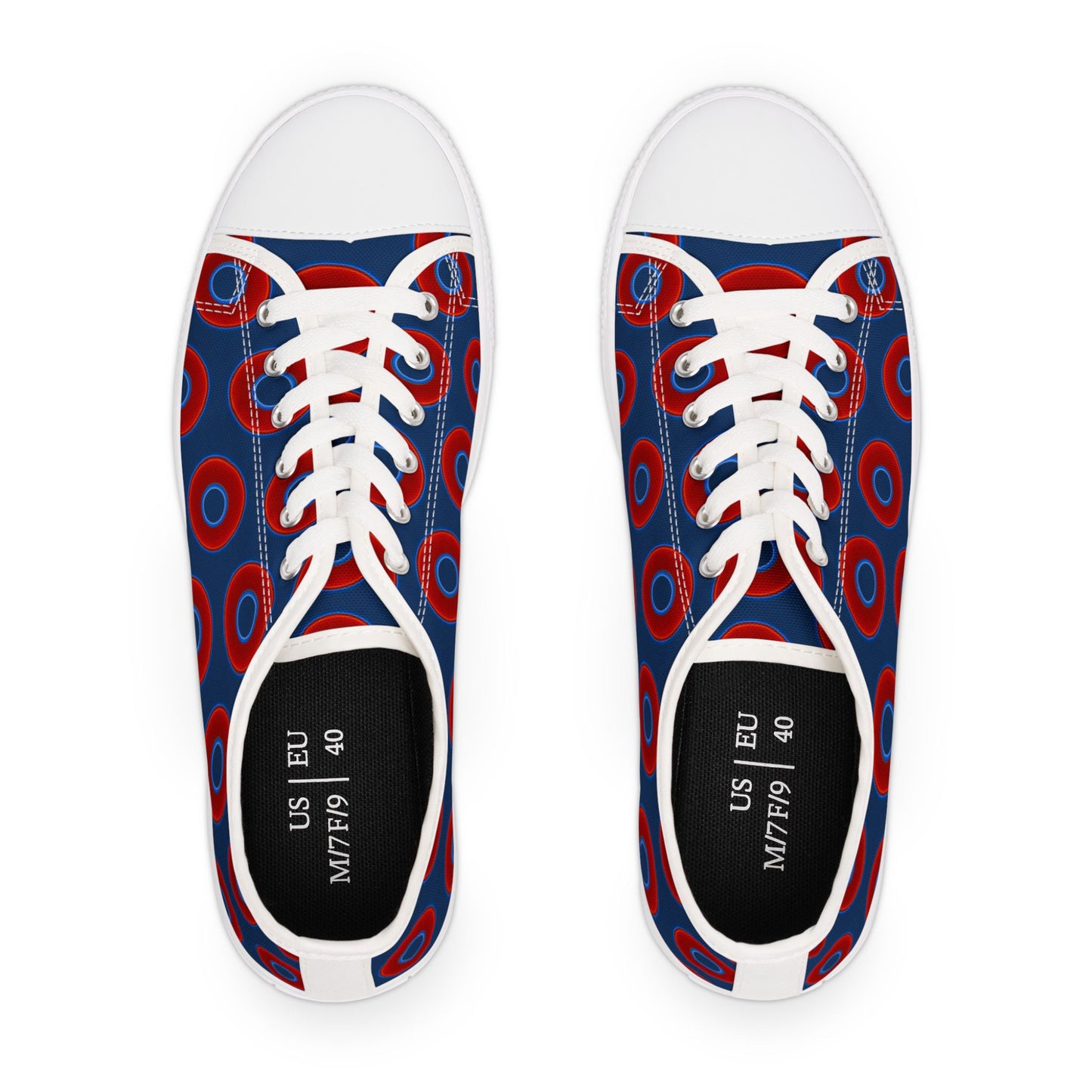 Women's - Low Top Chuck Taylors - large vivid red donut print w/Atlantic Navy Blue background