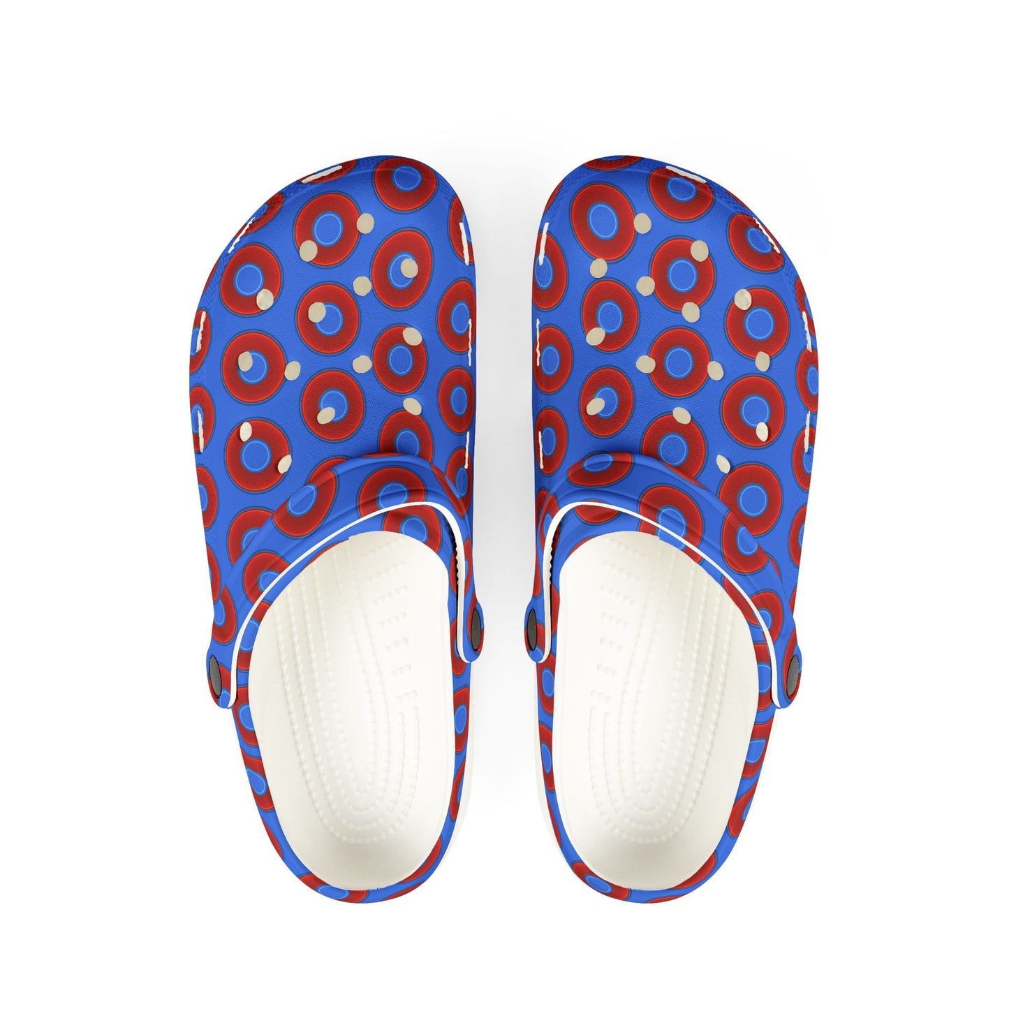 Spatchcocks - donut slip-on shoes - vivid red donuts w/medium royal blue background [unisex]