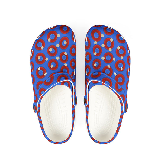 Spatchcocks - donut slip-on shoes - vivid red donuts w/medium royal blue background [unisex]