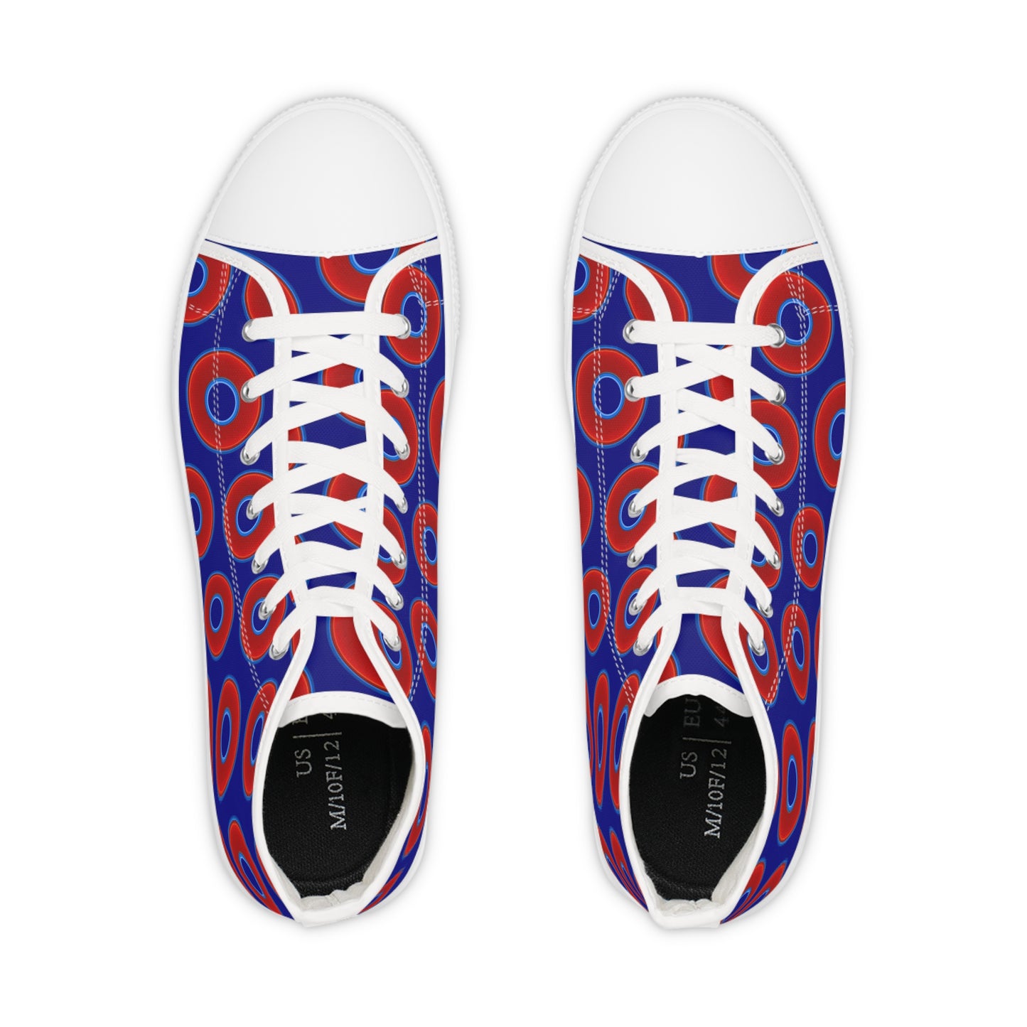 Men's High Top Chucks - large vivid red donut print w/vivid navy blue background