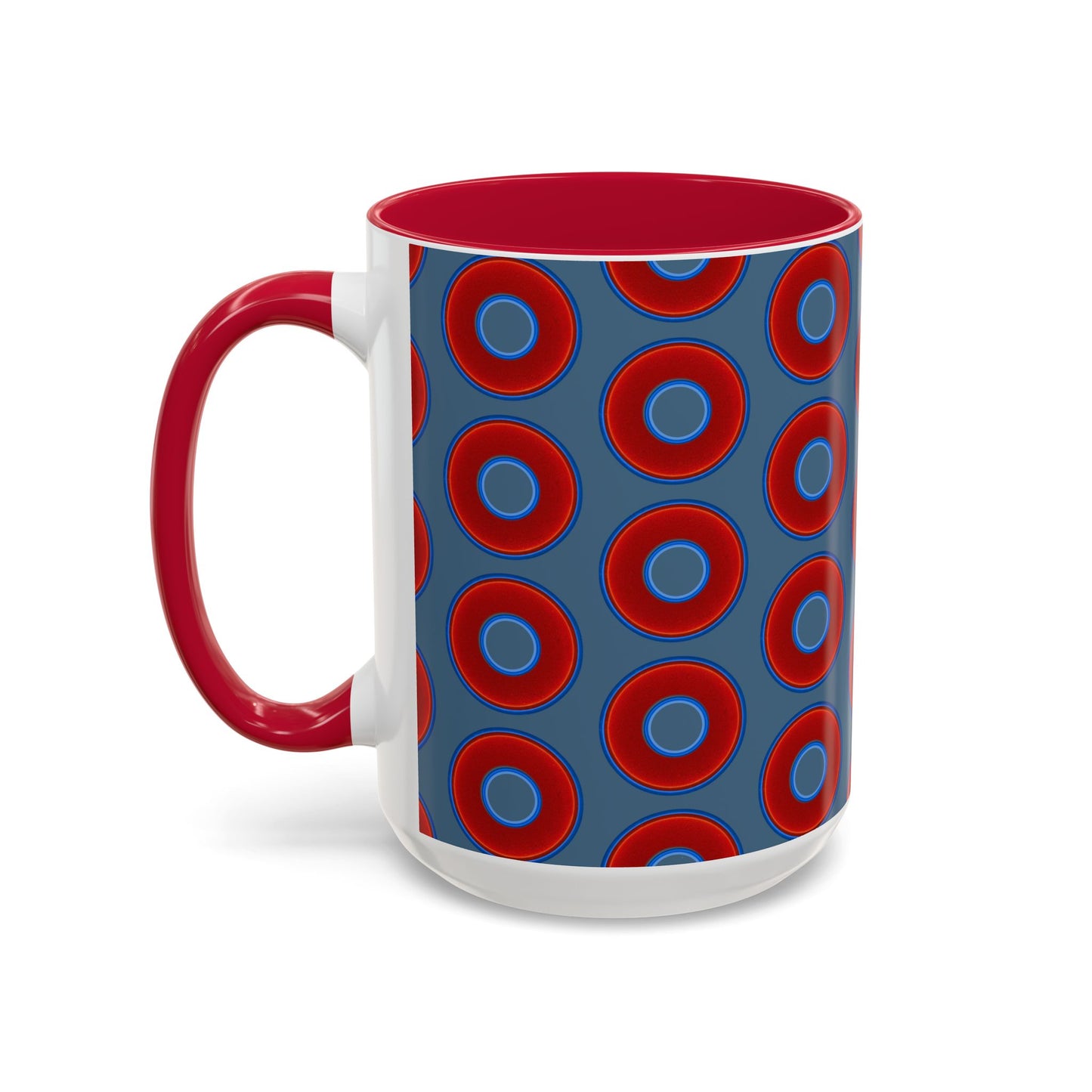 Lump's Grumpy Coffee Mug - vivid red donuts w/steel blue background