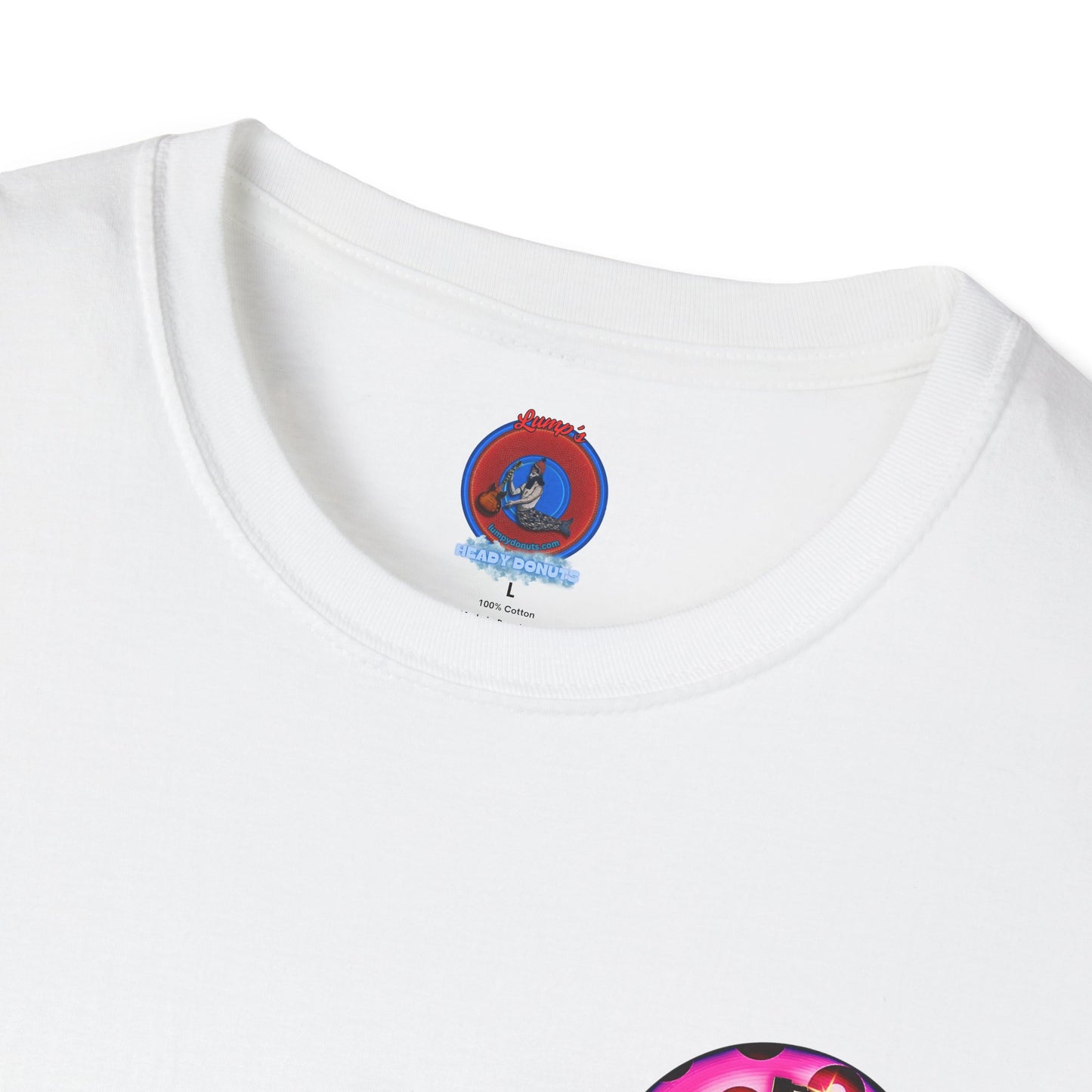 Classic Donut Tee - Unisex Soft-Style - "Would You Be My Donut?" - paradoxical bubblegum pink/red donut - variant 2