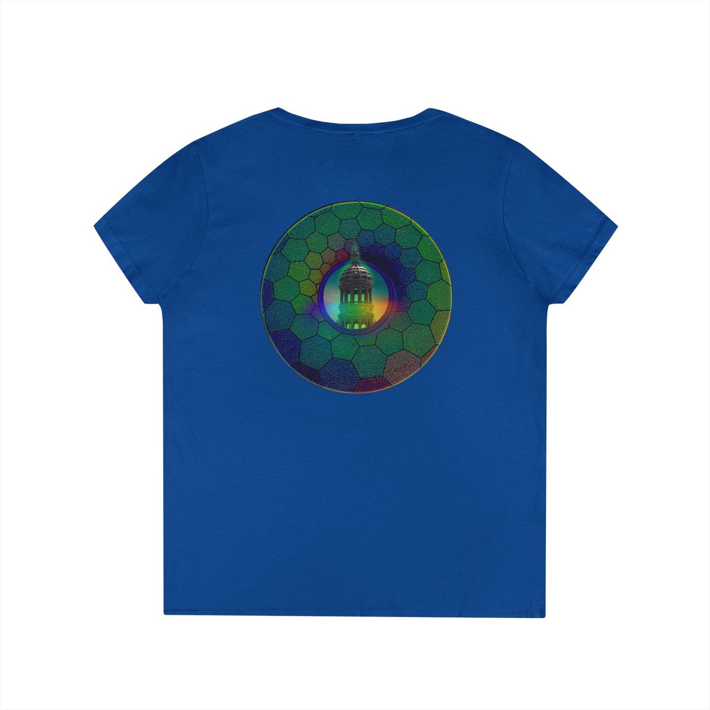 Women's Donut V-Neck Tee - "Save the Mondegreen City Hall Clock Tower" - variant 1 - green hexadonut w/