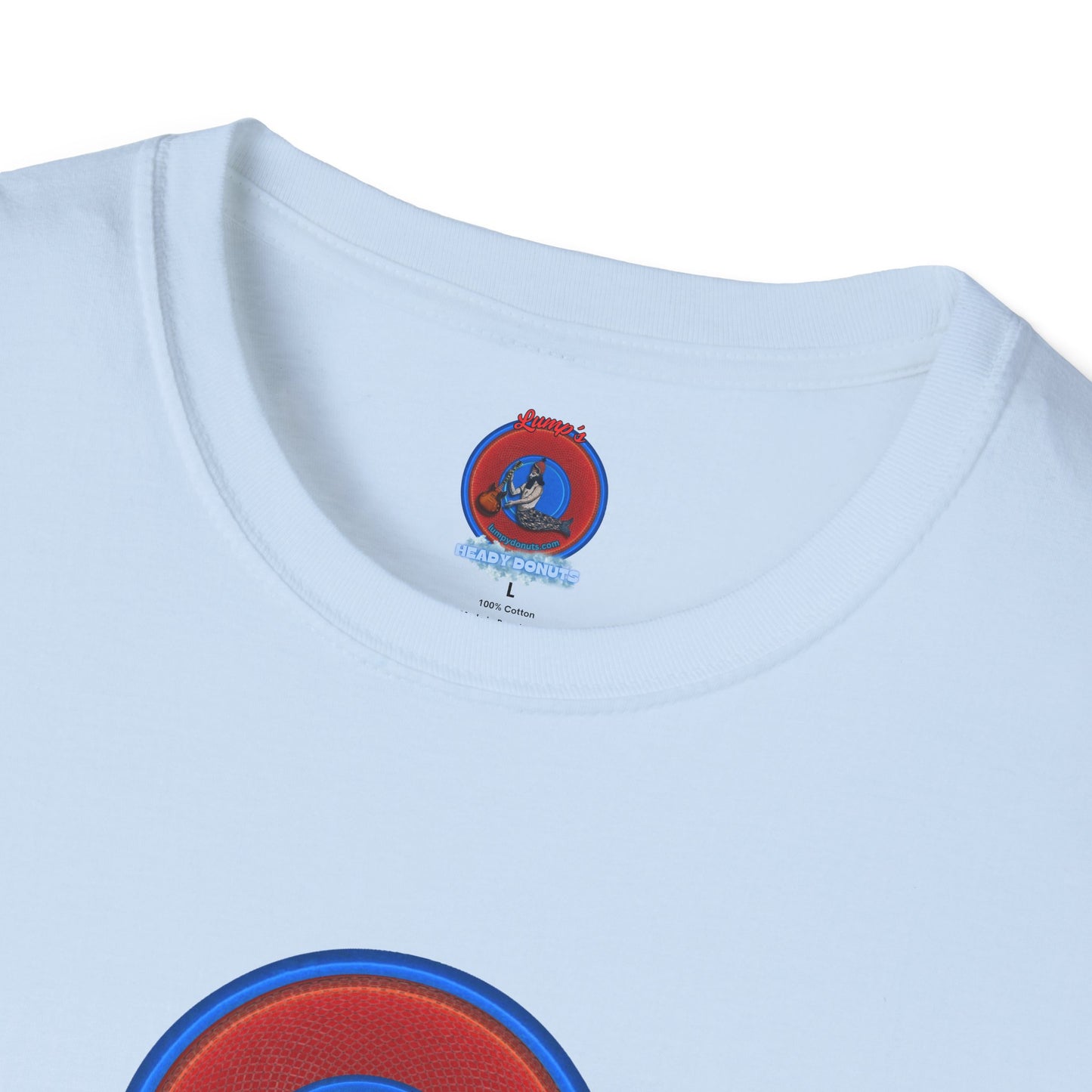 Classic Donut Tee - Unisex Soft-Style - "The Story of the Donut - a Ghostly Good Time" - red/blue rustic donut - variant 1