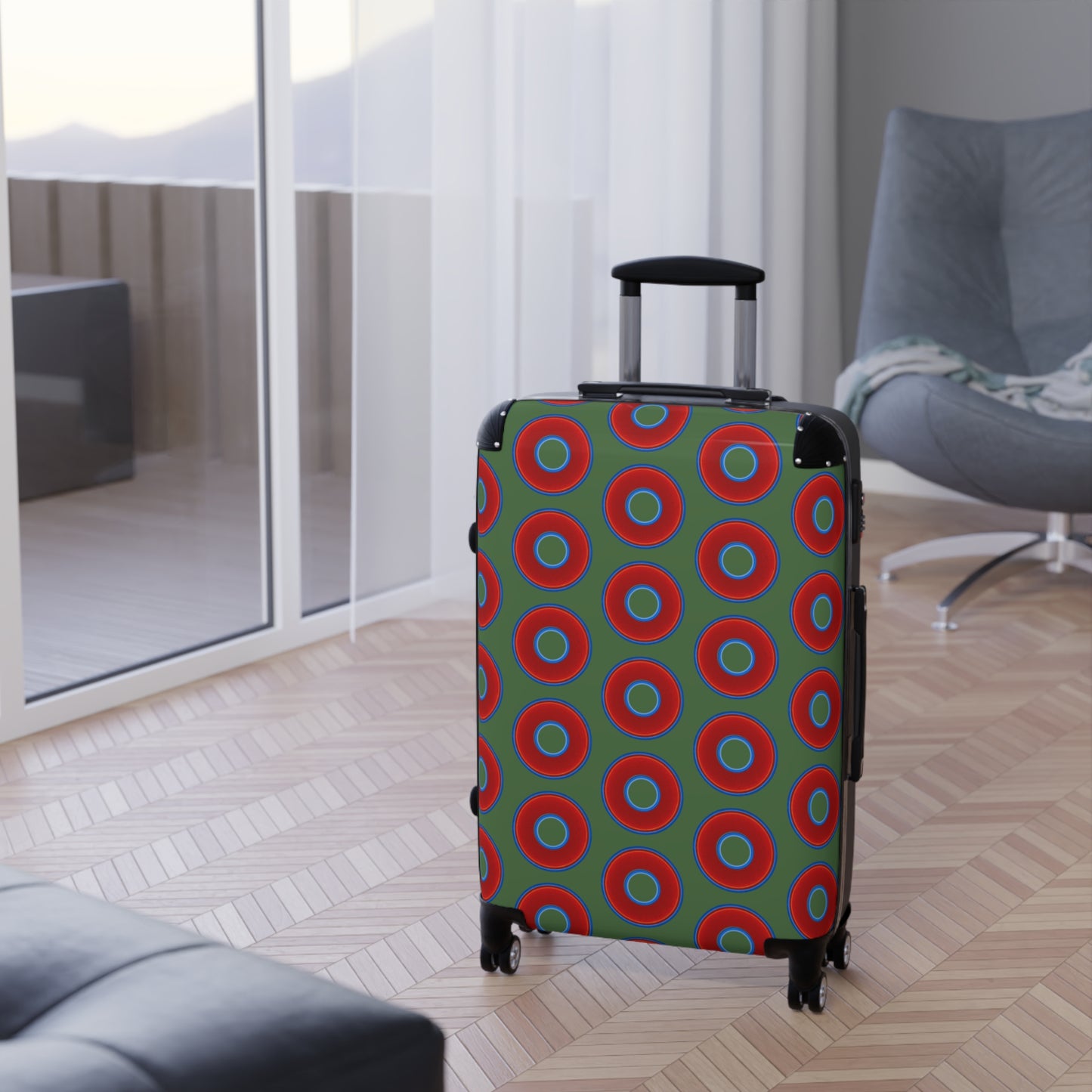 The Very Lumpy Donut Suitcase series - your choice of S, M or L - vivid red donut print w/dark Fenway green background