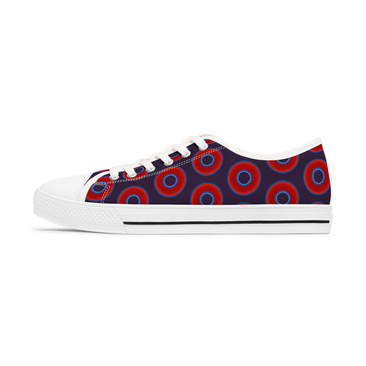 Women's - Low Top Chuck Taylors - large vivid red donut print w/midnight purple background