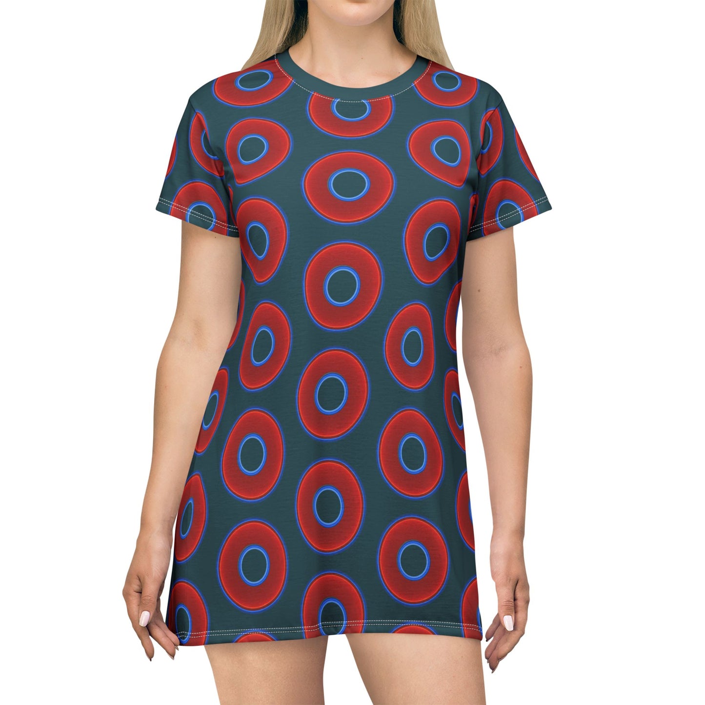 Not a Muumuu AOP Tee Shirt Dress - red vivid donuts w/midnight teal green background