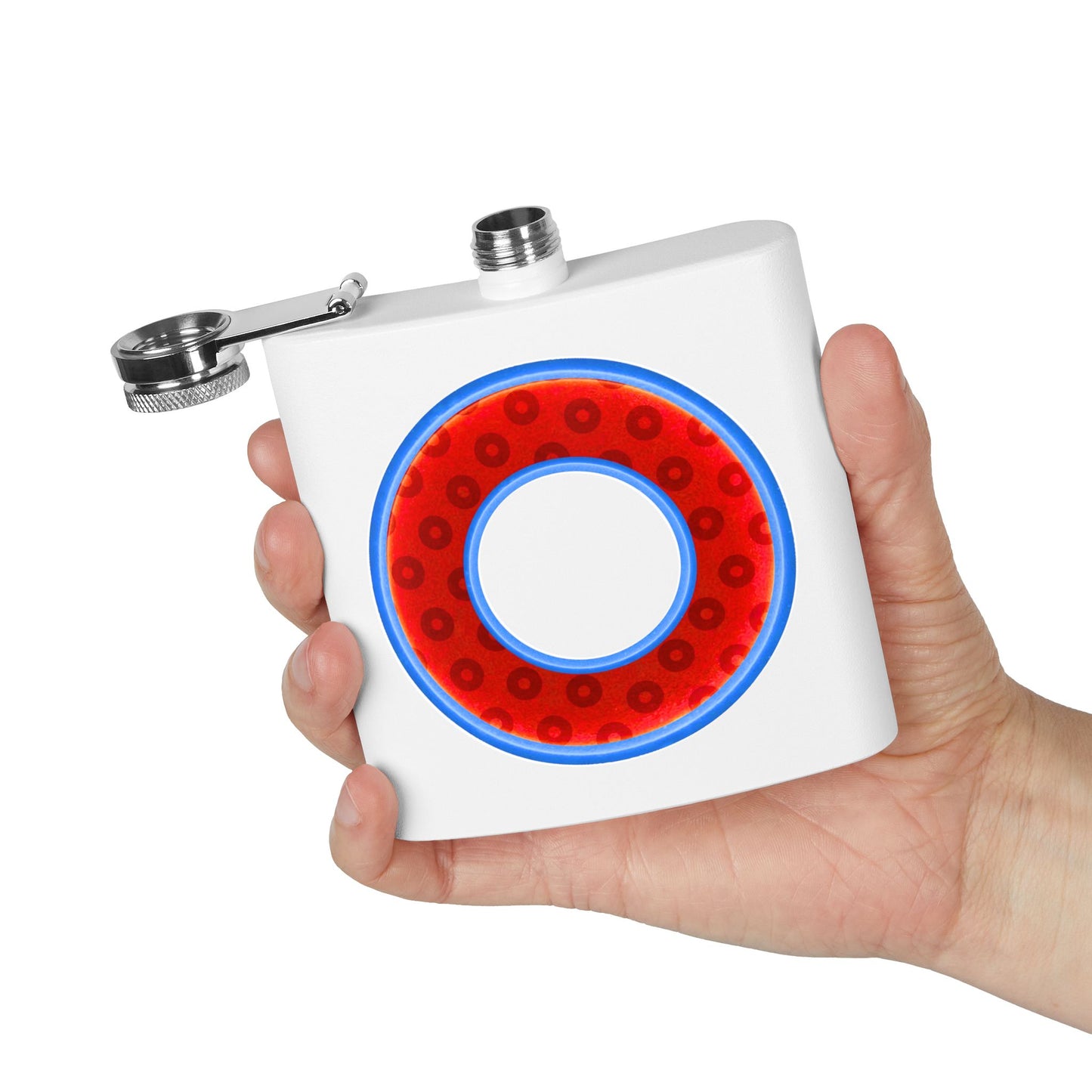 Lump's Donut Flask 6 oz -  Red/Blue Widemouthed Paradox Donut - [*w/your choice of 7 backgrounds]