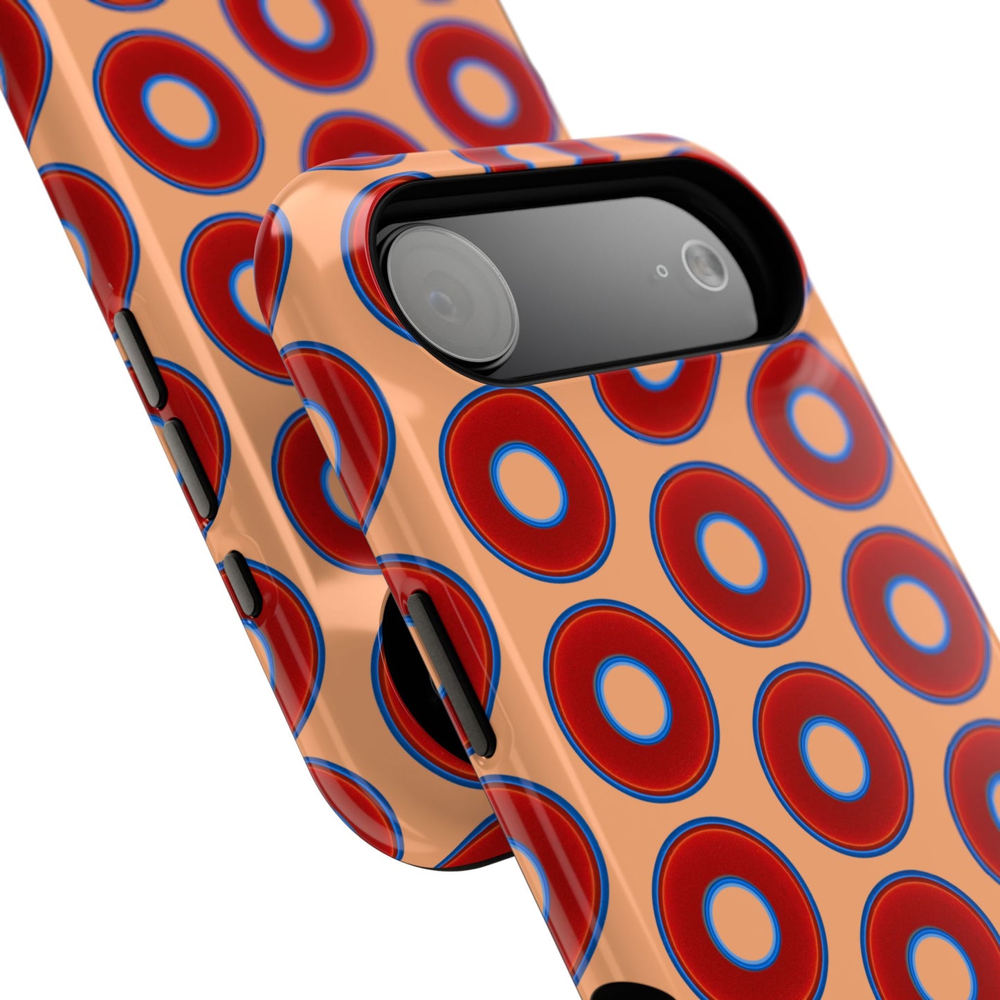 Impact-Resistant Lumpy Donut Case - red vivid donut print w/peach background