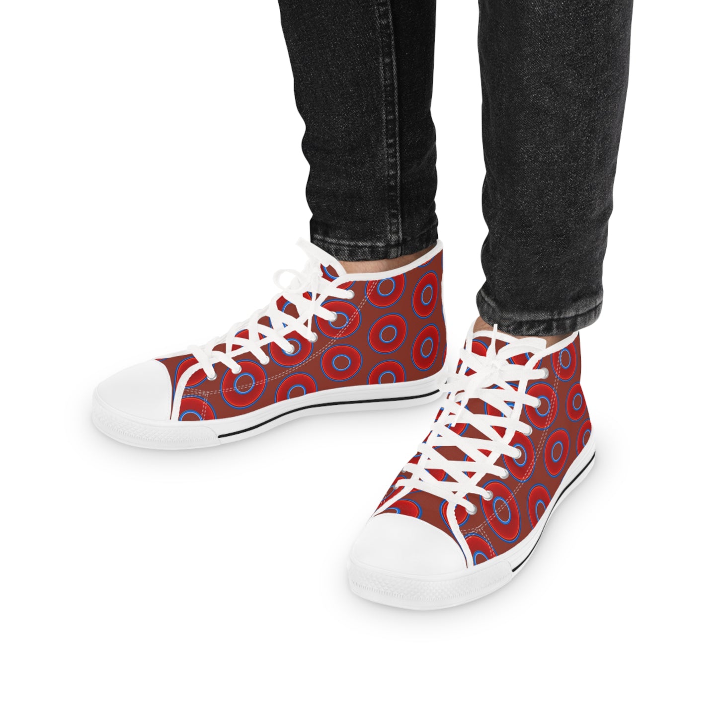 Men's High Top Chucks - large vivid red donut print w/burnt umber background