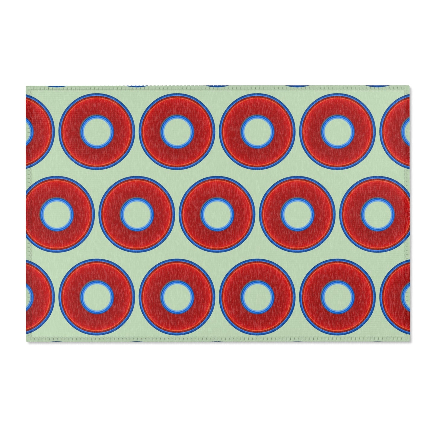 Lumpy Donut Print Rug - choice of 3 sizes - vivid red donut print w/seafoam background