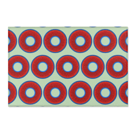 Lumpy Donut Print Rug - choice of 3 sizes - vivid red donut print w/seafoam background