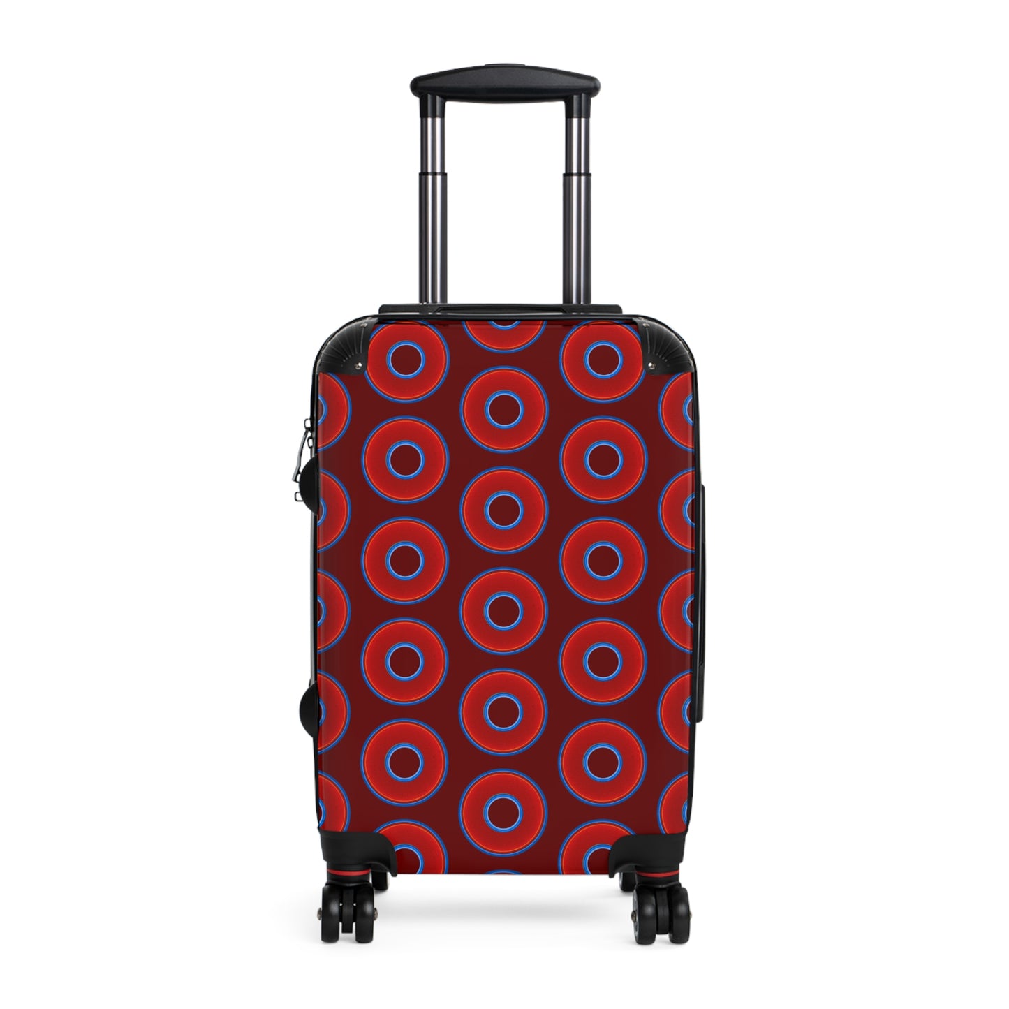 The Very Lumpy Donut Suitcase series - your choice of S, M or L - vivid red donut print w/dark red background