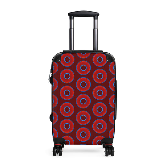 The Very Lumpy Donut Suitcase series - your choice of S, M or L - vivid red donut print w/dark red background