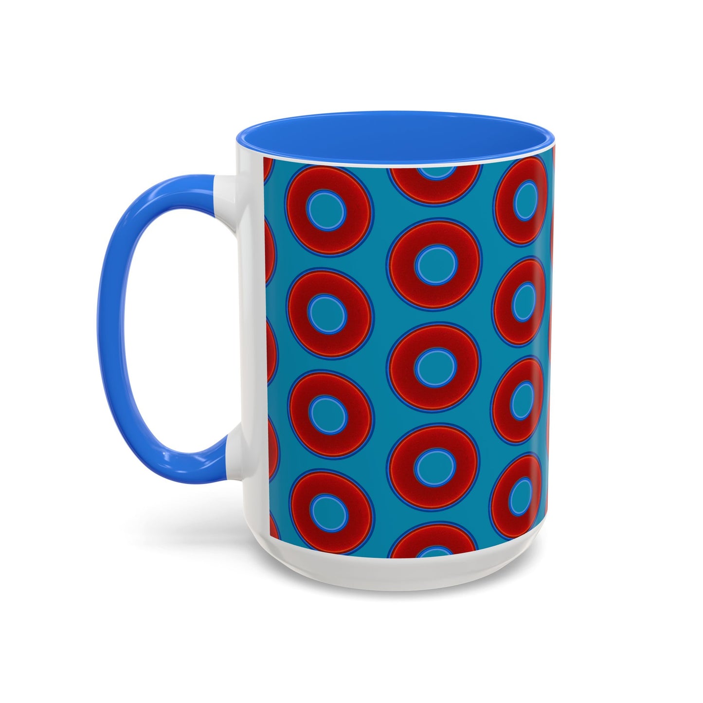 Lump's Grumpy Coffee Mug - vivid red donuts w/aquamarine blue background