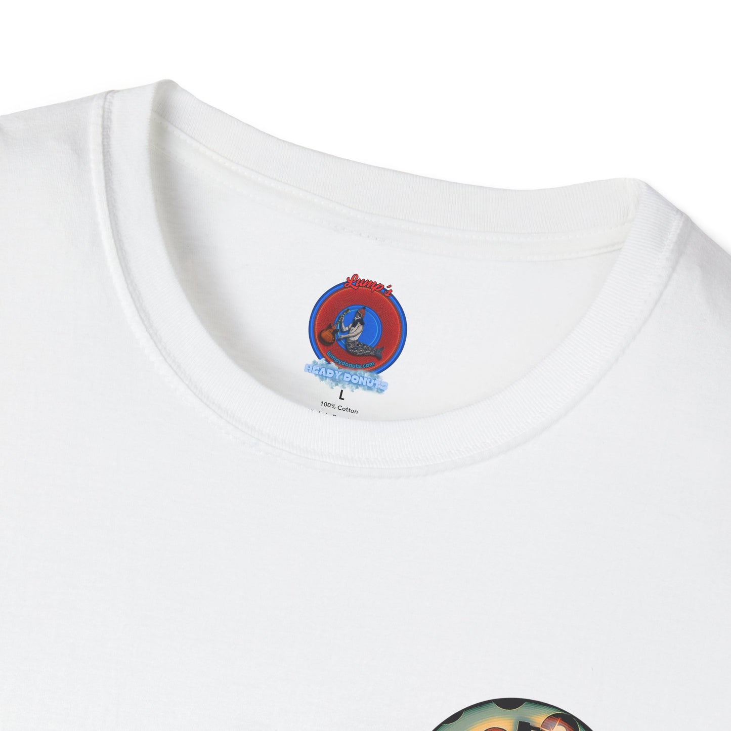 Classic Donut Tee - Unisex Soft-Style - "Would You Be My Donut?" - paradoxical faded blue/red donut - variant 4