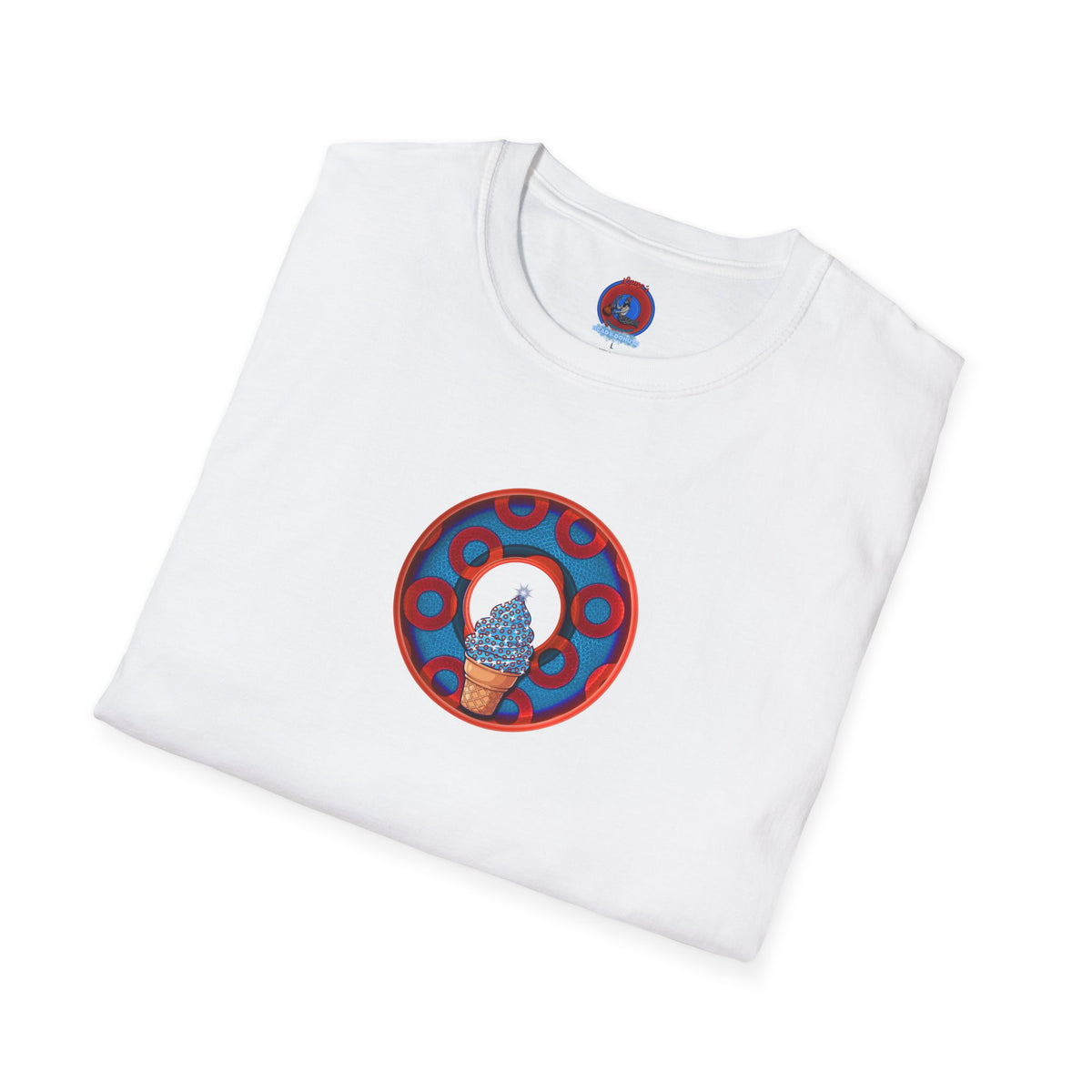 Classic Donut Tee - Unisex Soft-Style - "We All Scream It's ICE Cream" - blue/red rustic paradox donut