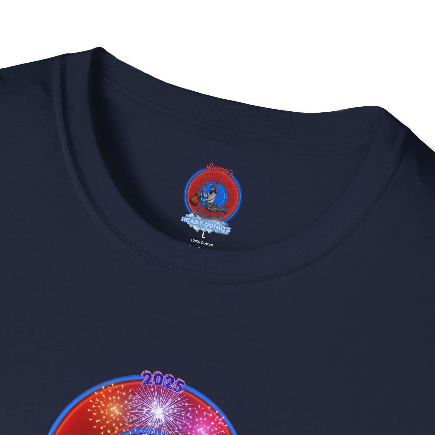Classic Donut Tee - Unisex Soft-Style - "One Indivisible Donut" - vivid red phreedom donut - w/fireworks - variant 3