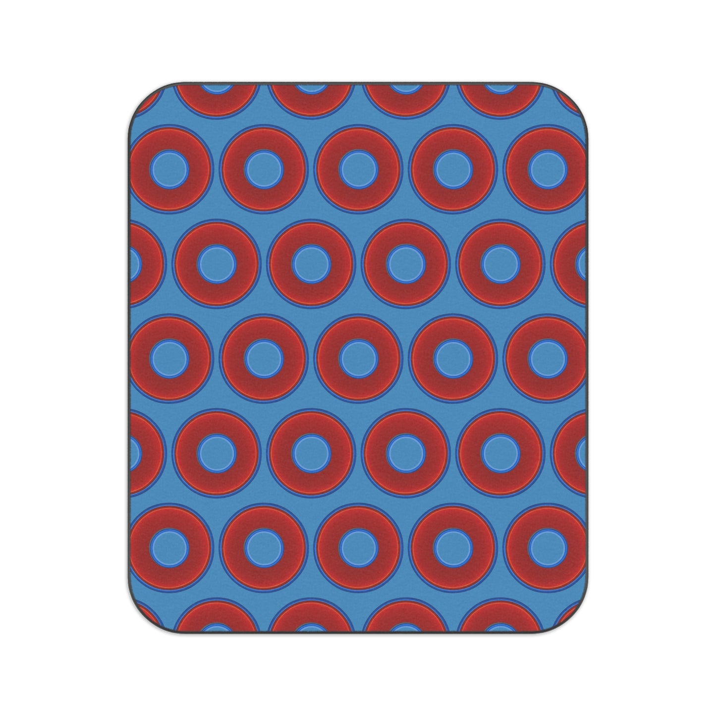 The Lumpy Party Blanket - giant water-resistant outdoor blanket [61" x 51"] - vivid red donuts w/light steel blue background