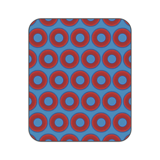 The Lumpy Party Blanket - giant water-resistant outdoor blanket [61" x 51"] - vivid red donuts w/light steel blue background