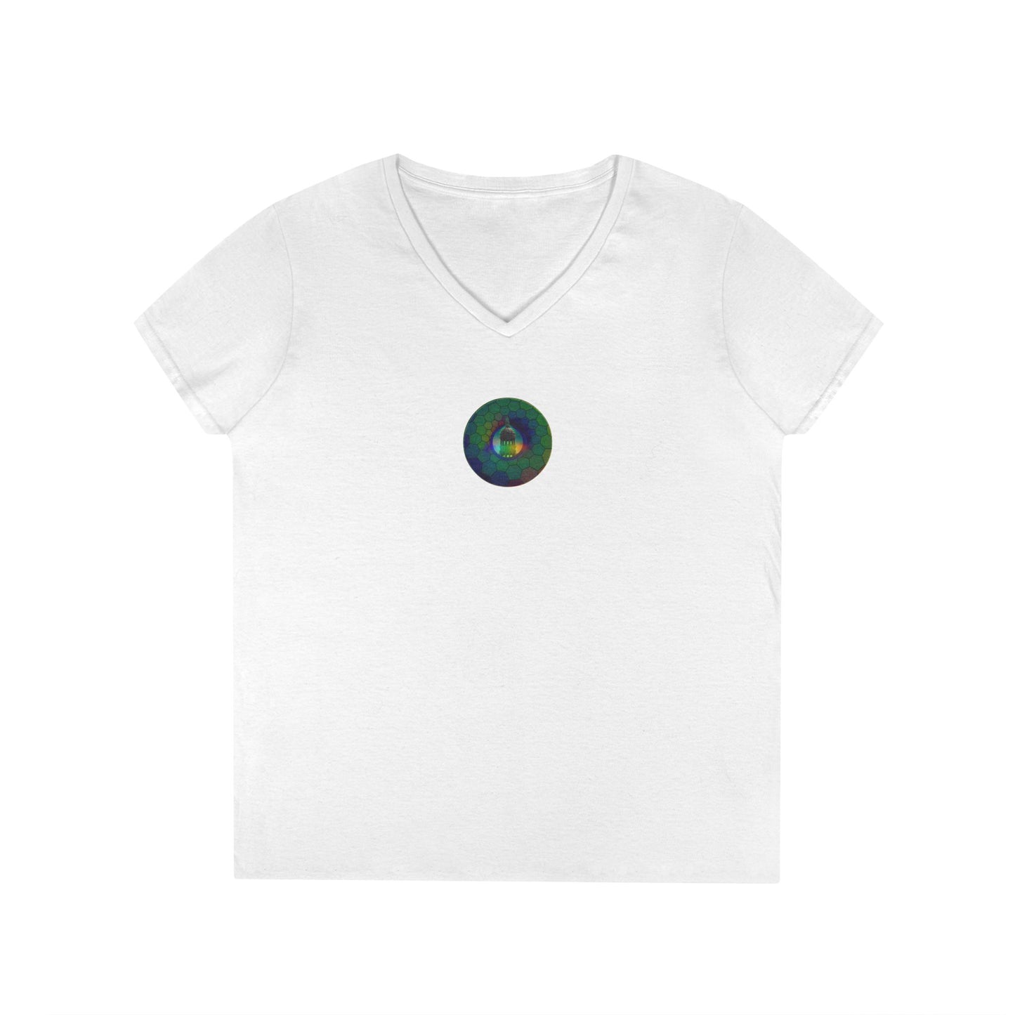 Women's Donut V-Neck Tee - "Save the Mondegreen City Hall Clock Tower" - variant 1 - green hexadonut w/