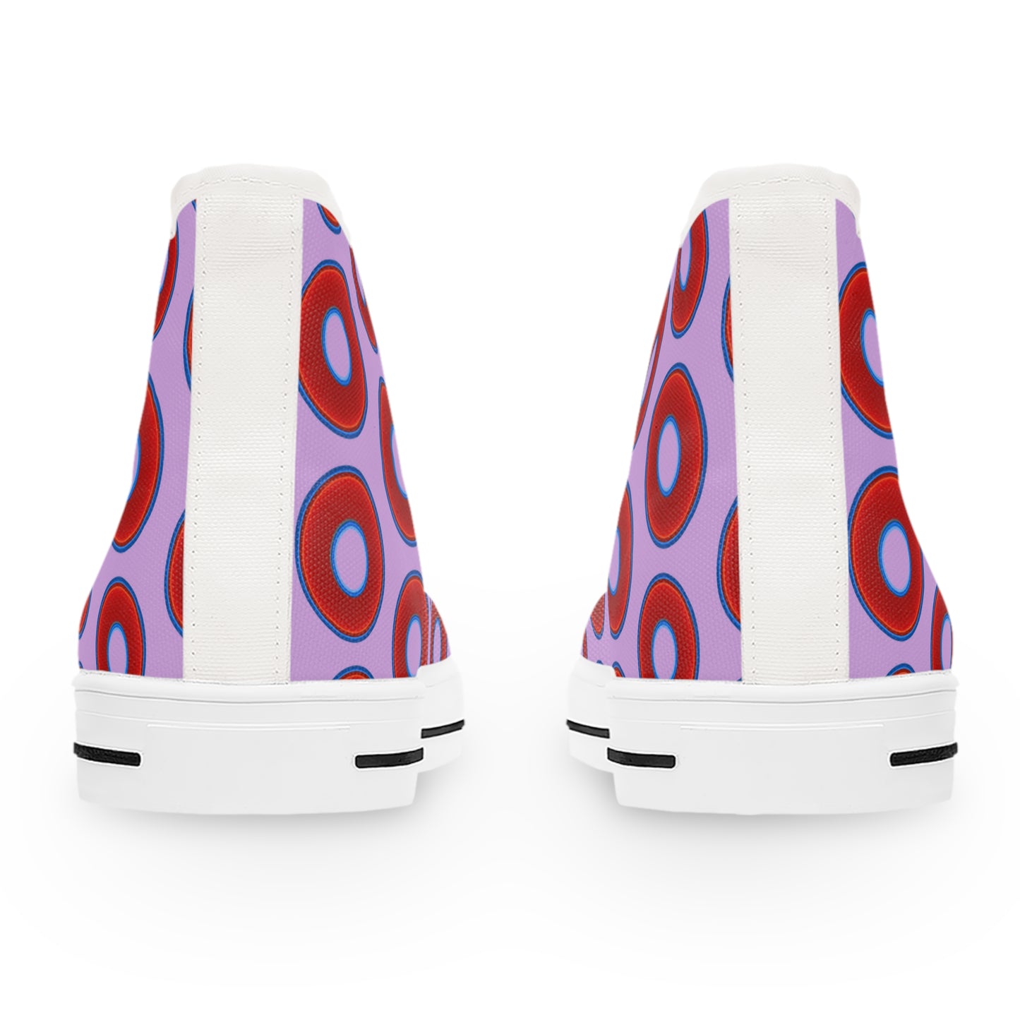 Women's High Top Chuck Taylors - large vivid red donut print w/wisteria purple background