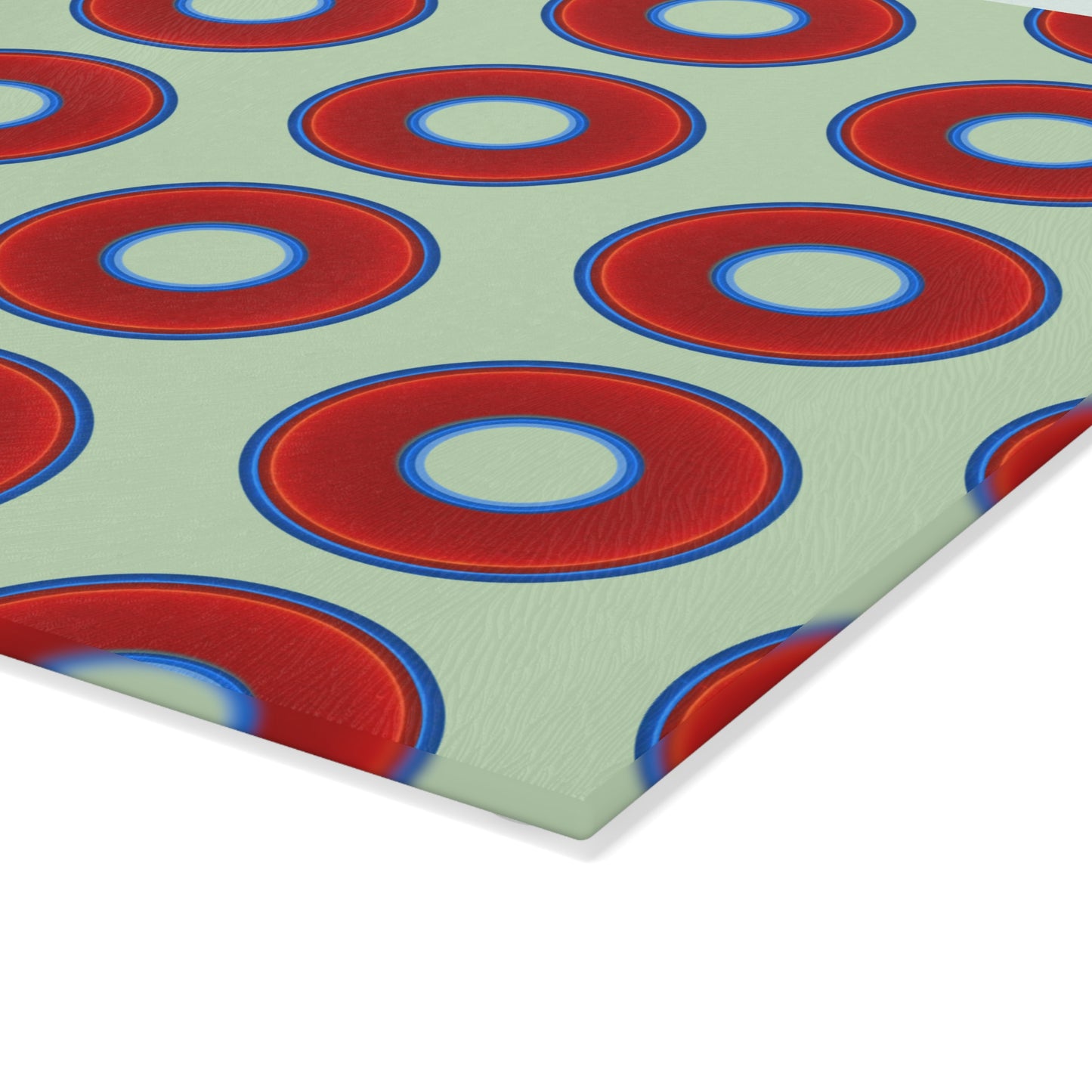My Friend's Cutting Board - vivid red donuts w/seafoam background