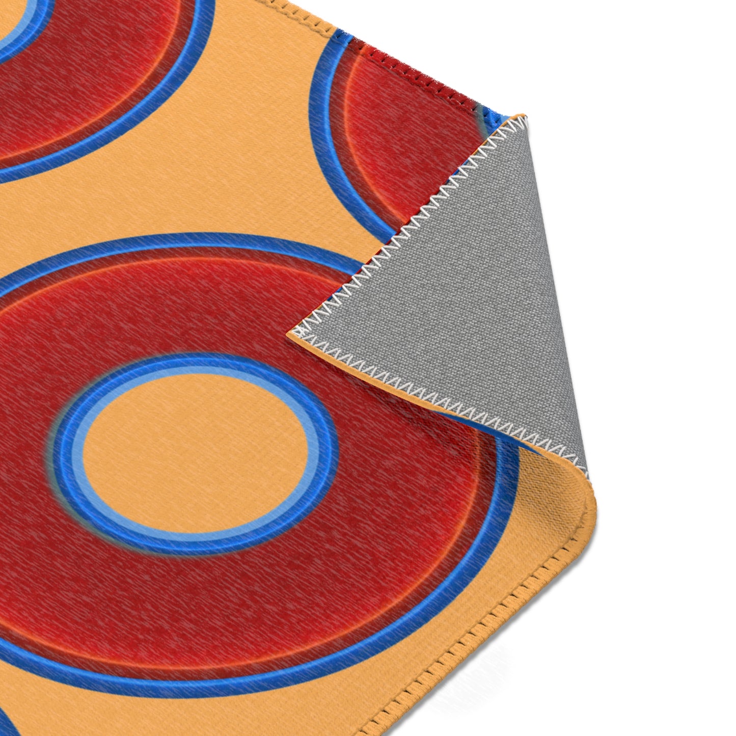 Lumpy Donut Print Rug - choice of 3 sizes - vivid red donut print w/creamsicle orange background