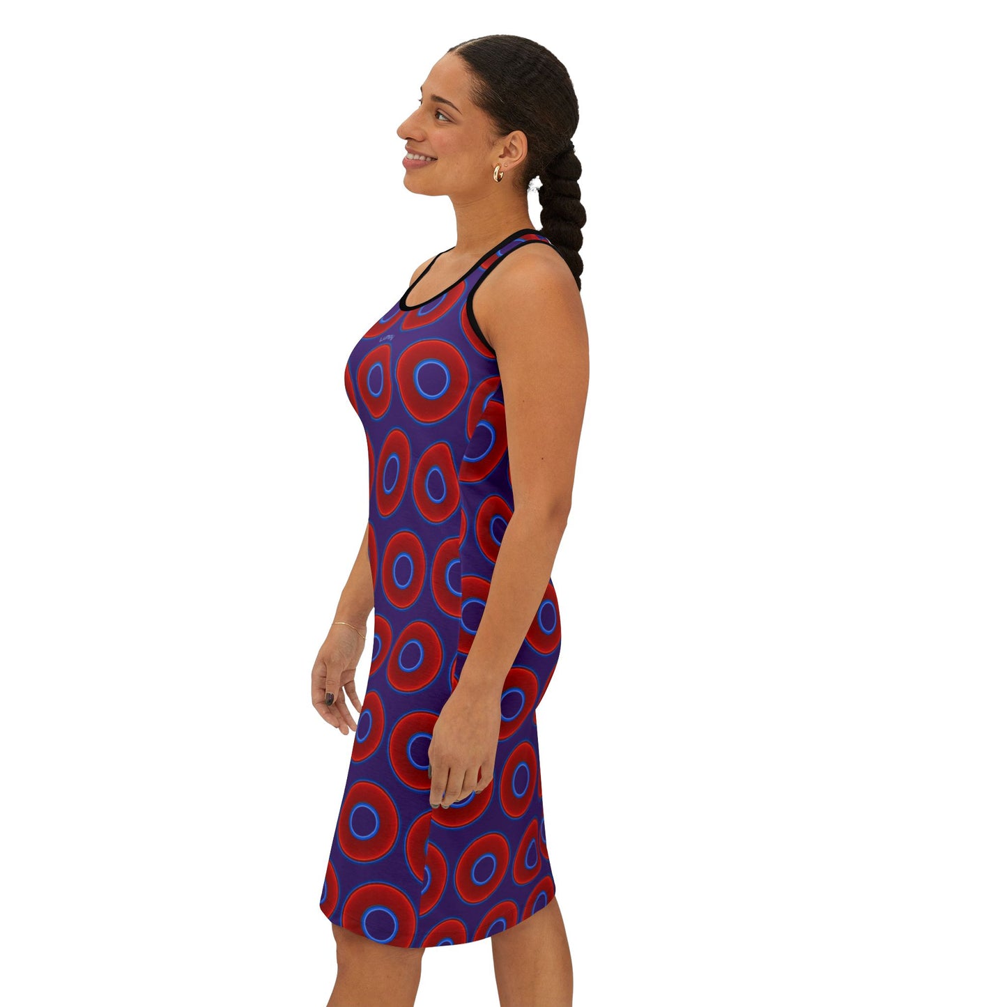Tela's Lumpy Racerback Donut Dress - red vivid donut print w/purple background