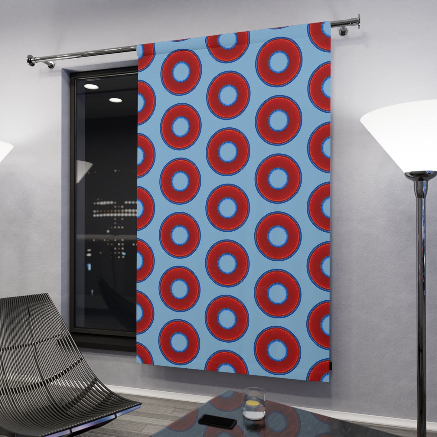 Lump's Heady Curtain w/Donuts - vivid red donut print - w/sky blue - [*1 Piece / 50" x 84"]