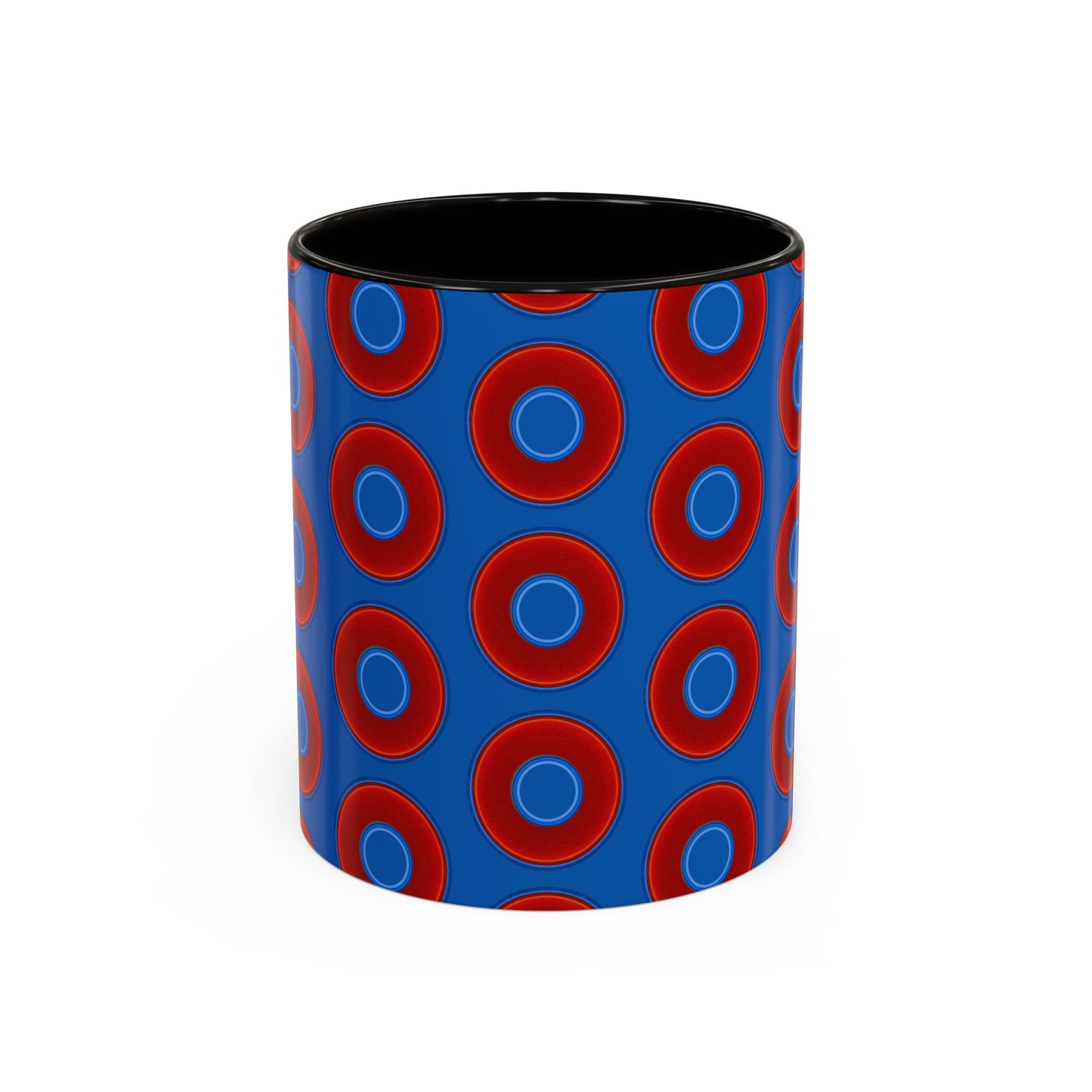 Lump's Grumpy Coffee Mug - vivid red donuts w/dark royal blue background