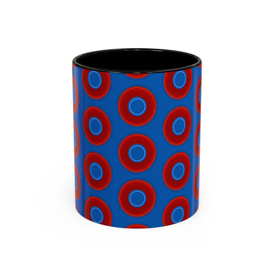 Lump's Grumpy Coffee Mug - vivid red donuts w/dark royal blue background