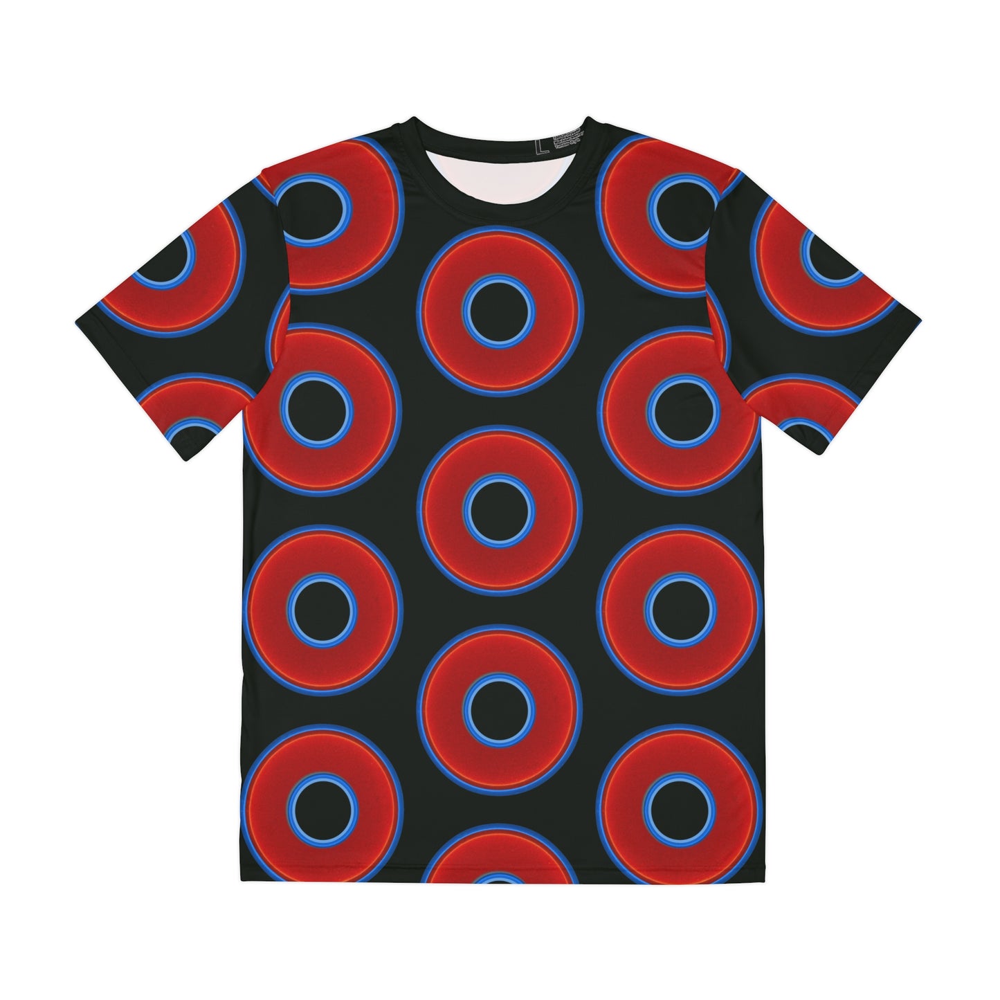 Multi-Beastie Giant Donut AOP Polyester Tee - red vivid donut print w/midnight moss green background