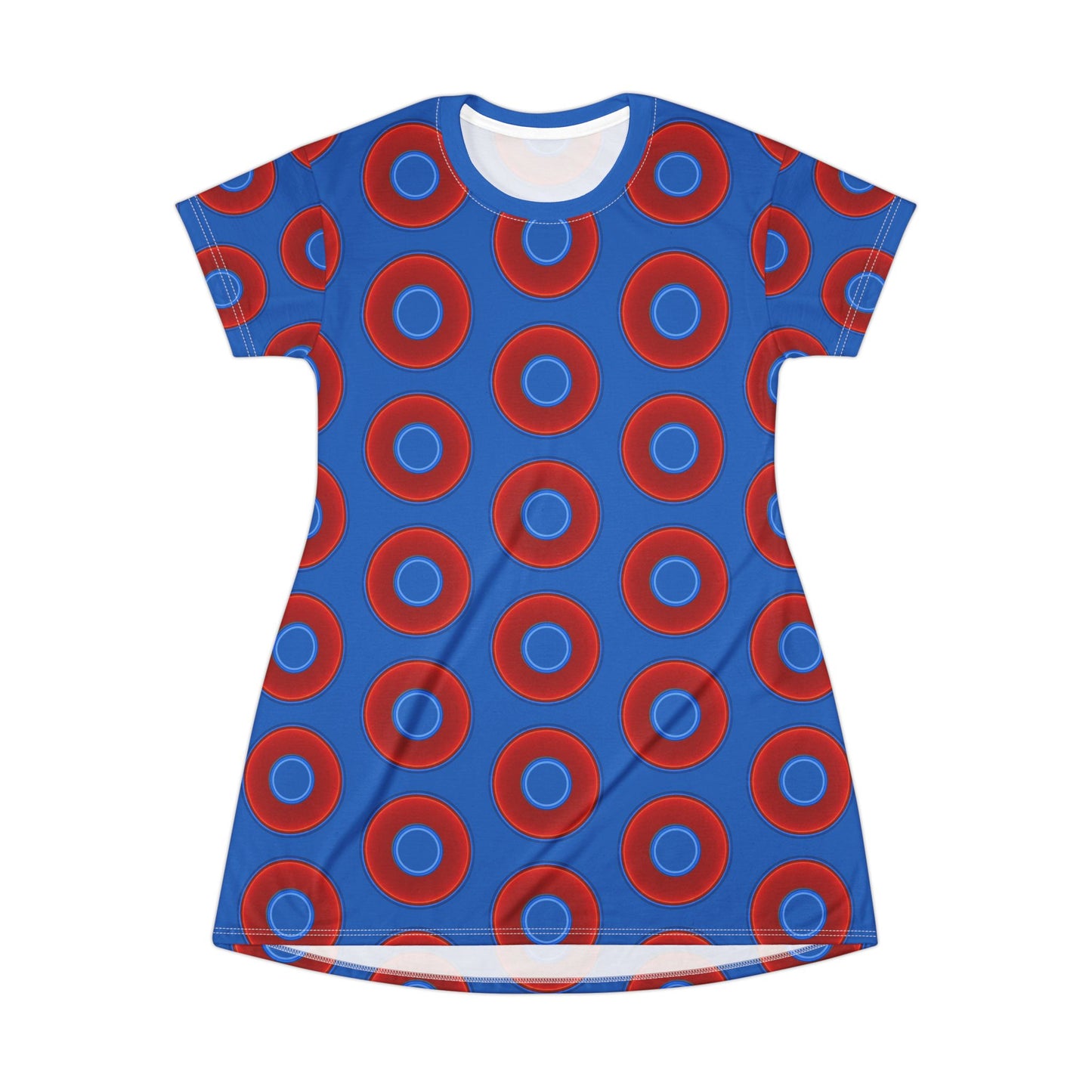 Not a Muumuu AOP Tee Shirt Dress - red vivid donuts w/dark royal blue background