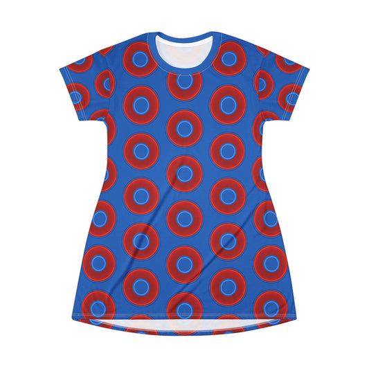Not a Muumuu AOP Tee Shirt Dress - red vivid donuts w/dark royal blue background