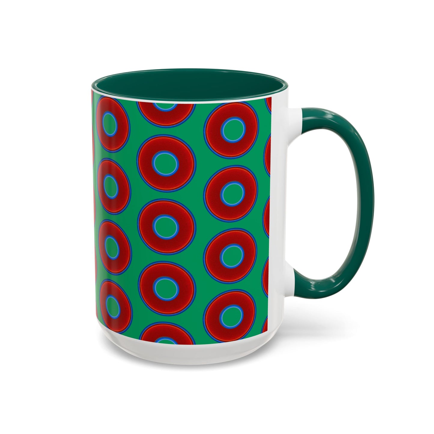 Lump's Grumpy Coffee Mug - vivid red donuts w/jade green background