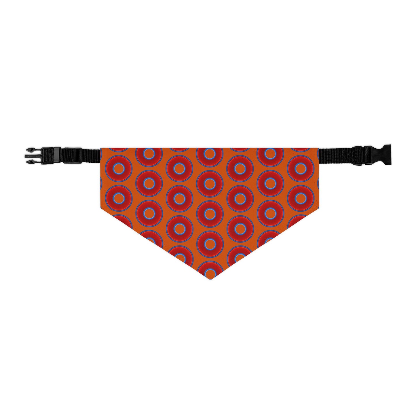 Jim's Lumpy Bandana Pet Collar - vivid red donuts w/dark orange backgound