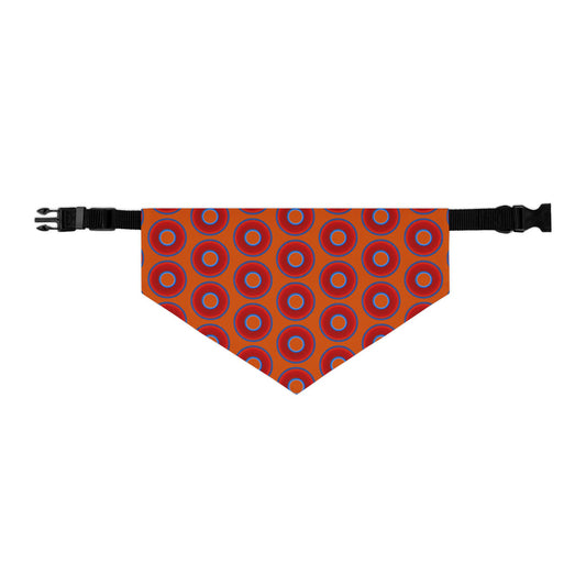 Jim's Lumpy Bandana Pet Collar - vivid red donuts w/dark orange backgound