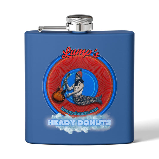 Lump's Donut Flask 6 oz -  "Lump's Heady Logo Flask" - red/blue rustic donut - [*w/your choice of 6 backgrounds]